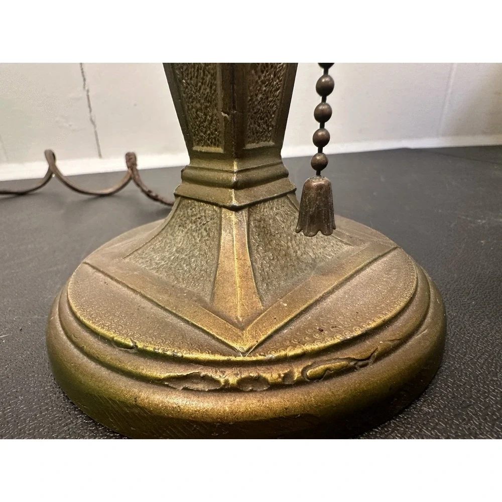 Antique Reverse Painted Table Lamp Brass Scenic Shade‎ Pull Chain 14